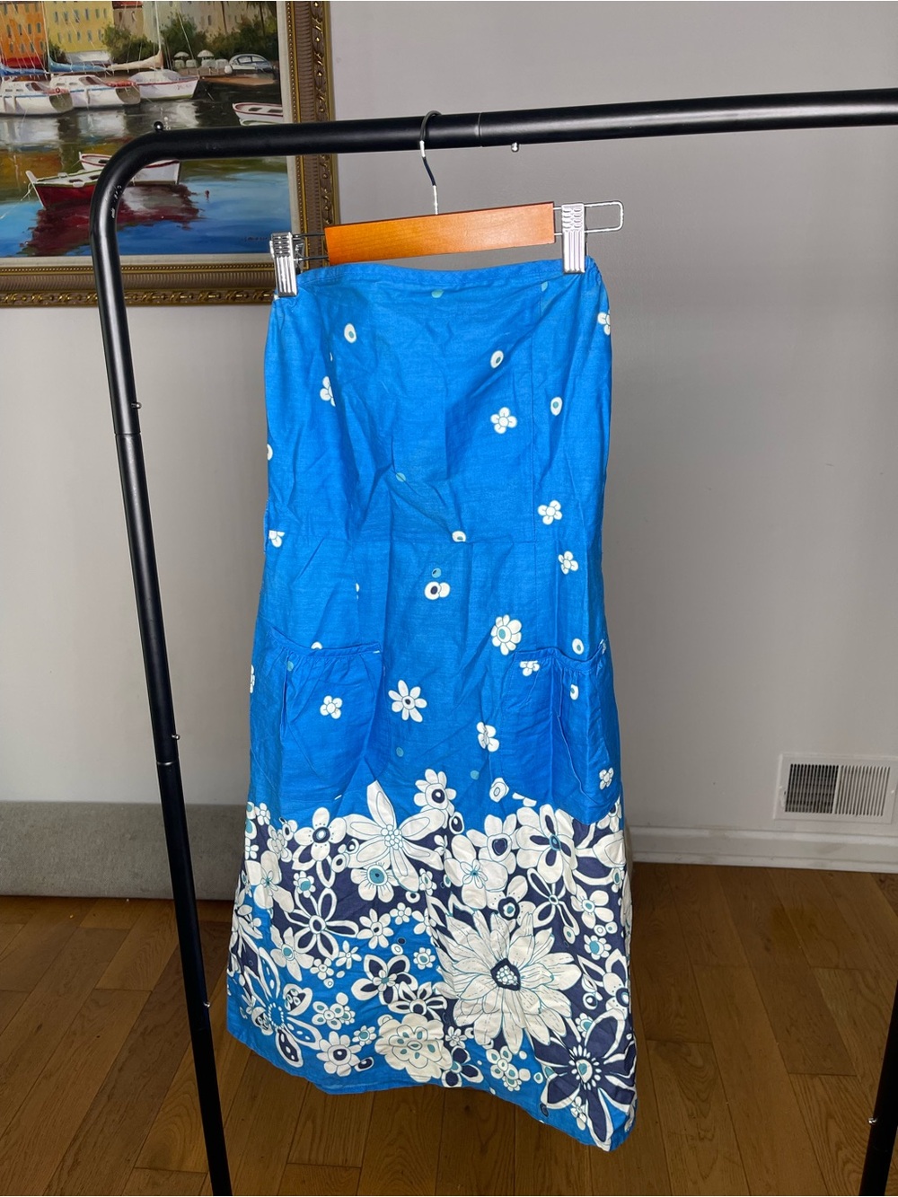 Vintage Ambiance Blue Cotton Floral Maxi Skirt with White Print size: S